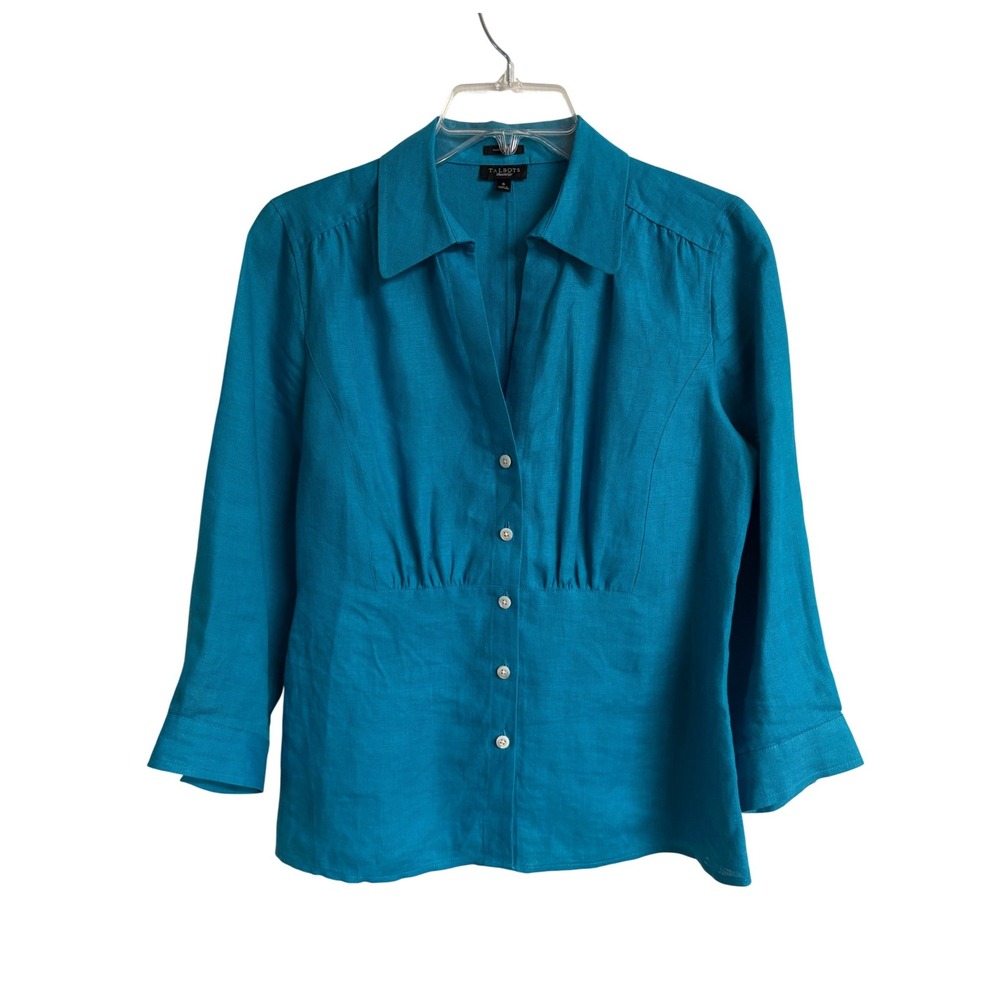Talbots Womens Turquoise Blue Irish Linen Button Down Shirt Size 6 Coastal